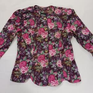 Vintage Whirlaway Frocks Women's Floral Blouse Gold Scallop Buttons Size 10P